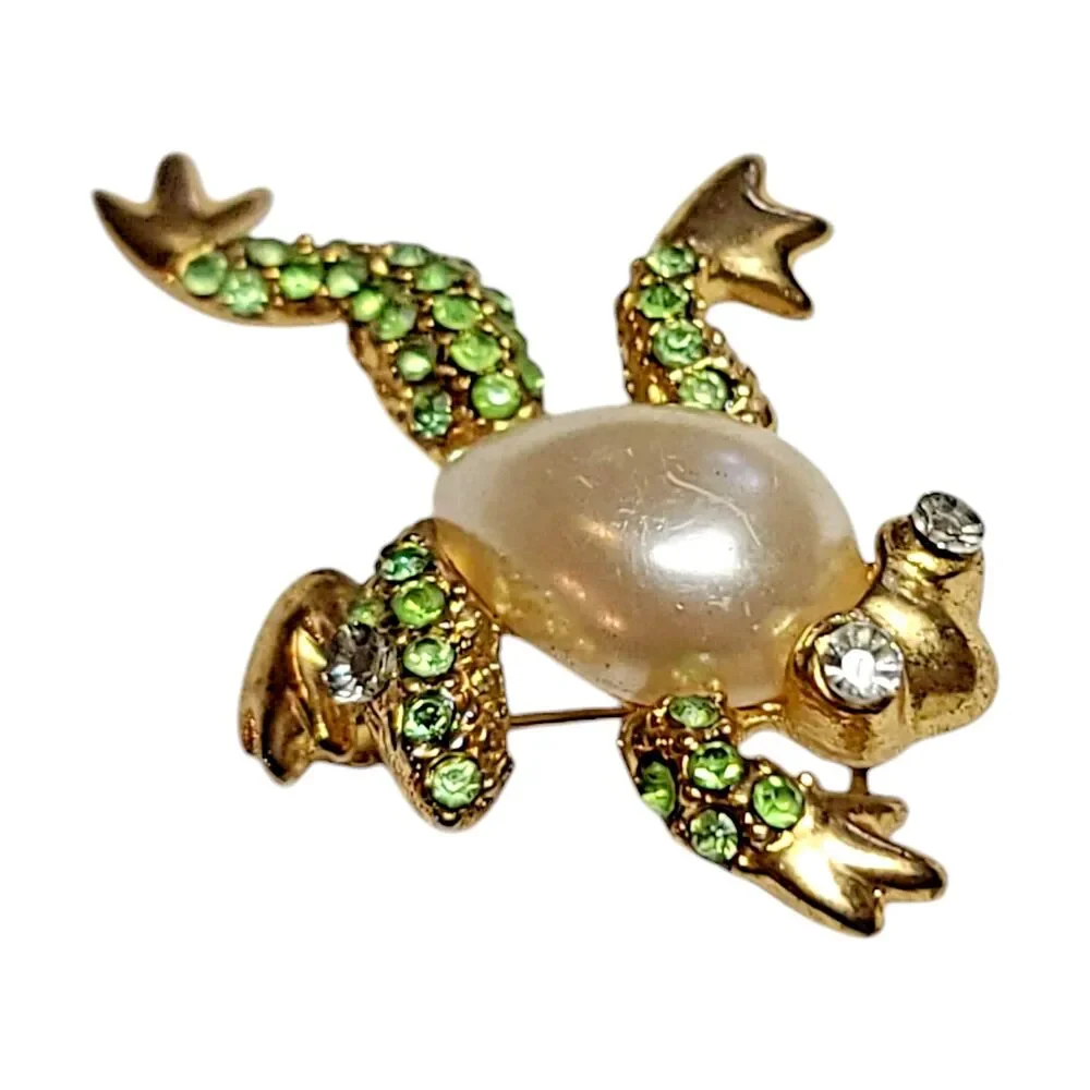 Vintage Gold Tone Frog Brooch Pin Green AB Rhinestone Crystals Faux Pearl Belly